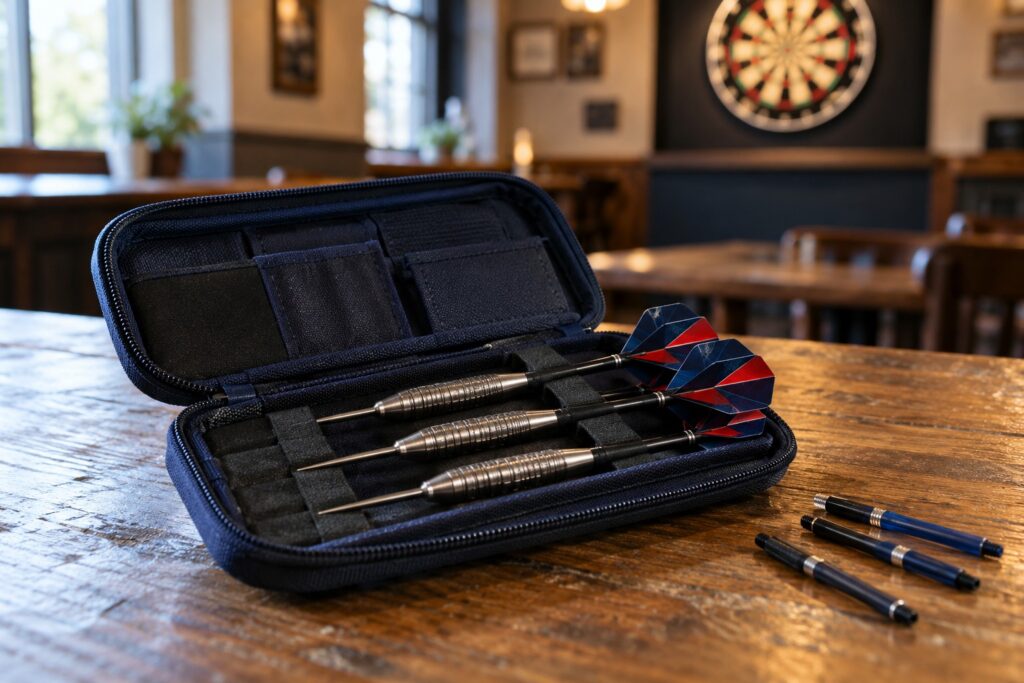 KI-generiertes Symbolbild: Steeldarts im Etui auf einem Tisch